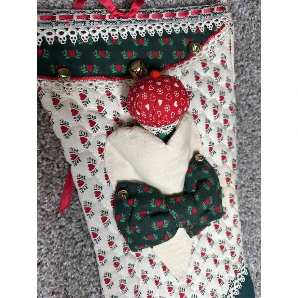 Vintage Handmade Quilted Christmas Stockings Lot of 4 Bells Lace Hearts‎